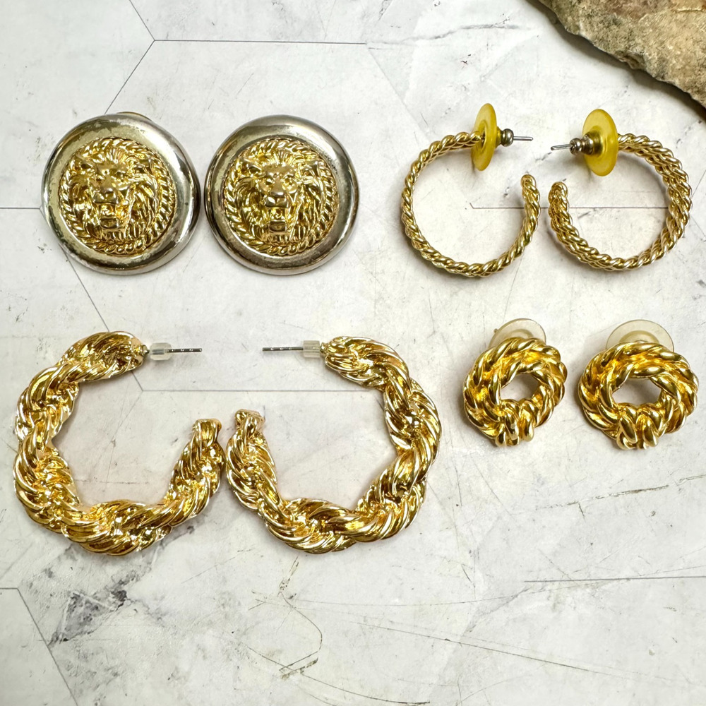 Vintage Gold Tone Earrings Lot of 4 Pair 1980s Retro Ornate Lion Incl Monet